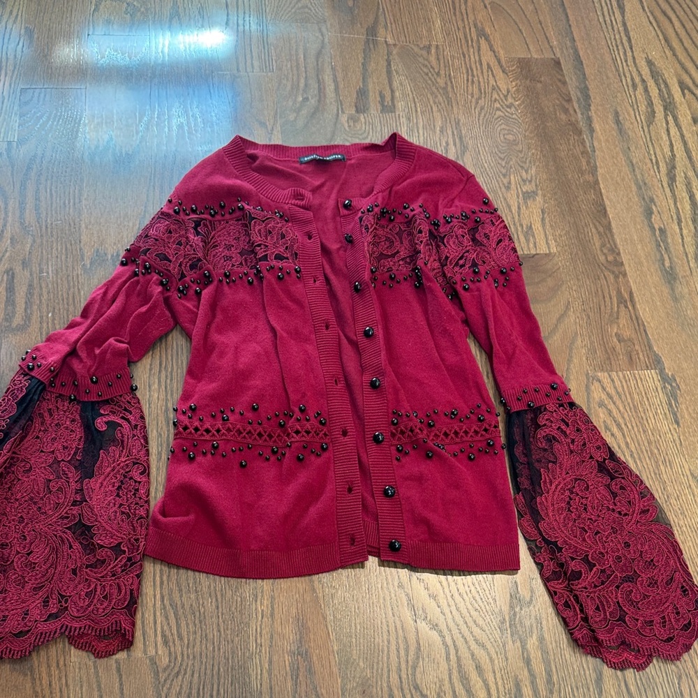 Boston Proper Red Button Down Shirt with Black Lace